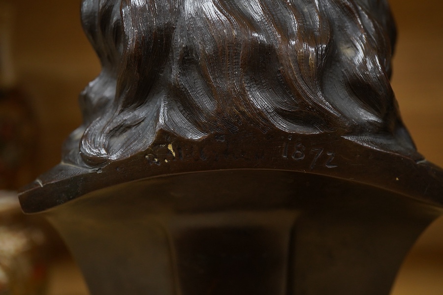 Two bronze busts of Oliver Cromwell, indistinctly signed and Thomas Carlyle, largest 26cm high